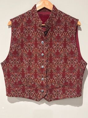 Vintage Tapestry Vest Red Floral Western Boho Button Front Size XL